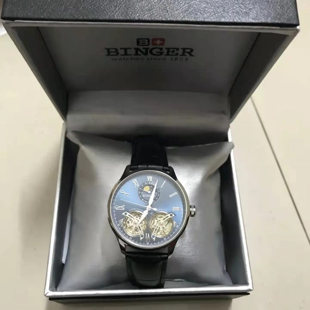 Binger Double Tourbillon Blue Dial with Black Leather Strap